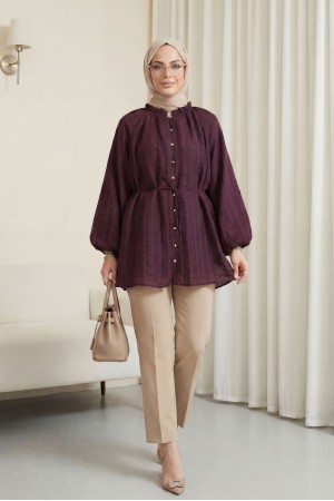Ruffled Collar, Balloon Sleeve, Button-Down Waffle Shirt -Damson