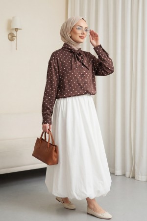 Yakası Fular Detaylı Boydan Düğmeli Puantiyeli Saten Gömlek -Mürdüm