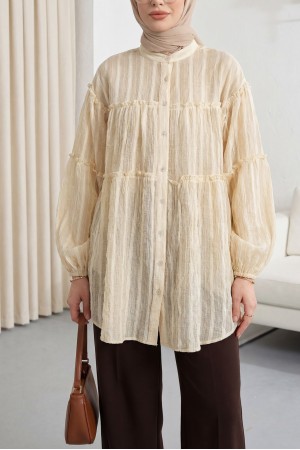 Dik Yaka Sim Çizgili Balon Kol Oversize Gofre Tunik -Açık Sarı