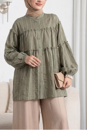 Dik Yaka Sim Çizgili Balon Kol Oversize Gofre Tunik -Haki