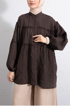 Dik Yaka Sim Çizgili Balon Kol Oversize Gofre Tunik -K. Kahve