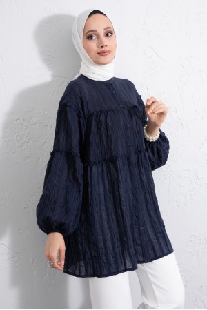High Neck Glitter Striped Balloon Sleeve Oversize Waffle Tunic -Navy blue