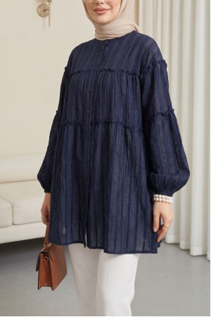 High Neck Glitter Striped Balloon Sleeve Oversize Waffle Tunic -Navy blue