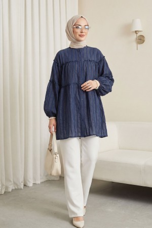 High Neck Glitter Striped Balloon Sleeve Oversize Waffle Tunic -Navy blue