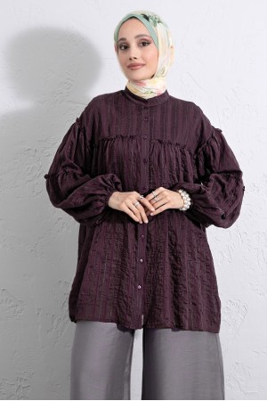 High Neck Glitter Striped Balloon Sleeve Oversize Waffle Tunic -Damson