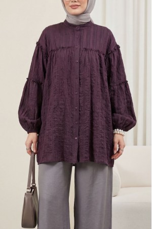 High Neck Glitter Striped Balloon Sleeve Oversize Waffle Tunic -Damson