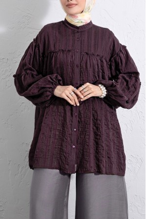 High Neck Glitter Striped Balloon Sleeve Oversize Waffle Tunic -Damson