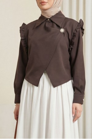 Crepe Blouse with Ruffled Shoulders, Cross Front, Double Layer Brooch Detail -Brown