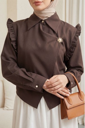 Crepe Blouse with Ruffled Shoulders, Cross Front, Double Layer Brooch Detail -Brown