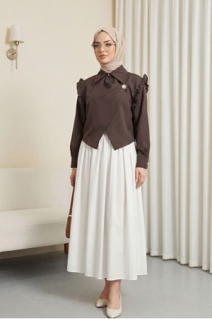 Crepe Blouse with Ruffled Shoulders, Cross Front, Double Layer Brooch Detail -Brown
