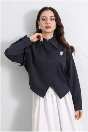 Crepe Blouse with Ruffled Shoulders, Cross Front, Double Layer Brooch Detail -Navy blue