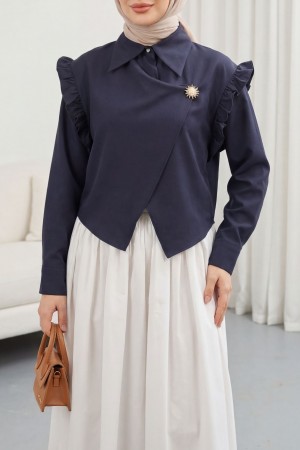 Crepe Blouse with Ruffled Shoulders, Cross Front, Double Layer Brooch Detail -Navy blue