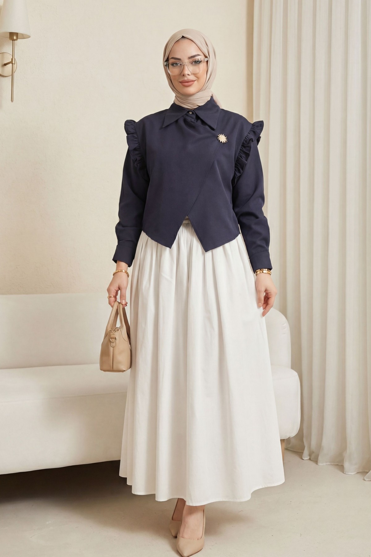 Crepe Blouse with Ruffled Shoulders, Cross Front, Double Layer Brooch Detail -Navy blue detay görseli