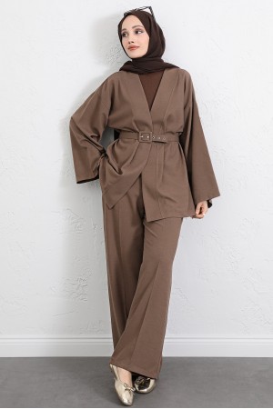 Kimono Set with Belt and Trousers  -Brown