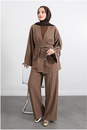 Kimono Set with Belt and Trousers  -Brown