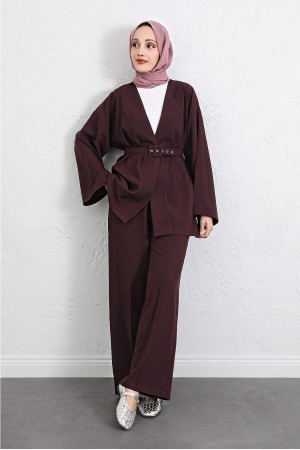 Kemerli Pantolonlu Kimono Takım   -Mürdüm