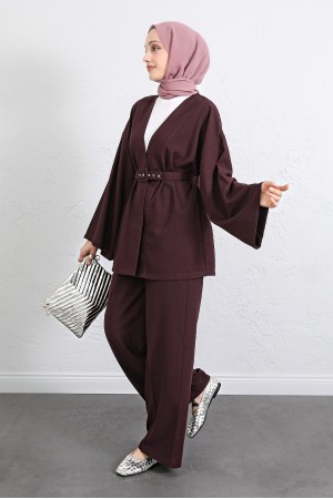 Kemerli Pantolonlu Kimono Takım   -Mürdüm