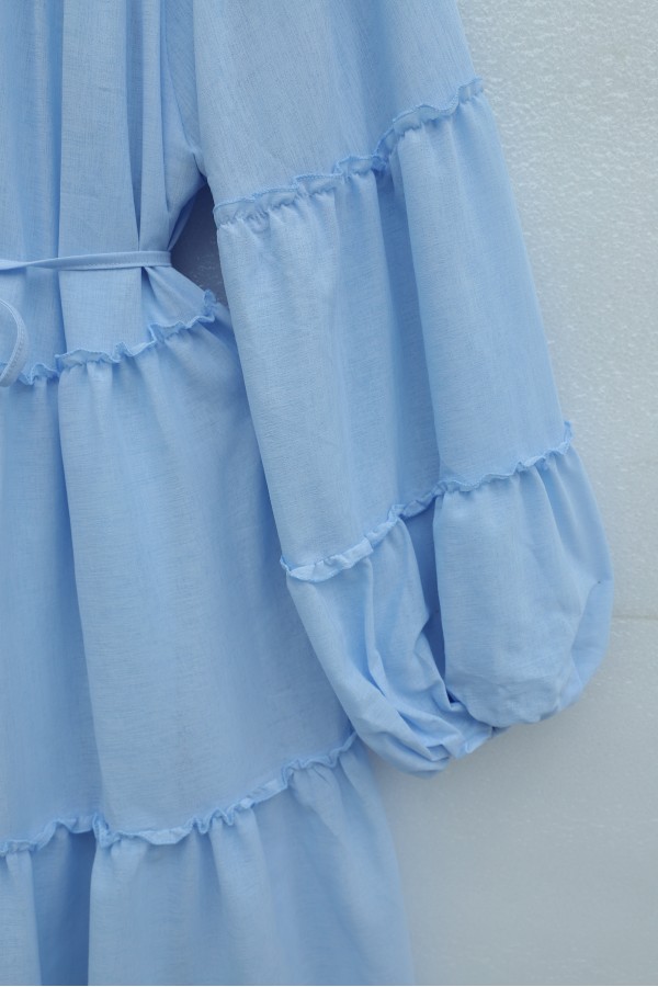 Kolu Lastikli Beli Bağlamalı Katlı Fırfır Detaylı Elbise  -Bebe Mavi