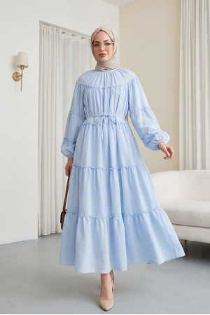 Kolu Lastikli Beli Bağlamalı Katlı Fırfır Detaylı Elbise  -Bebe Mavi