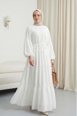 Kolu Lastikli Beli Bağlamalı Katlı Fırfır Detaylı Elbise  -Beyaz