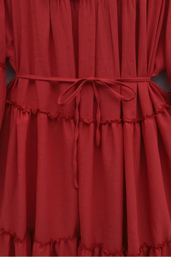 Layered ruffle detailed dress with elasticated sleeves and tie -Red