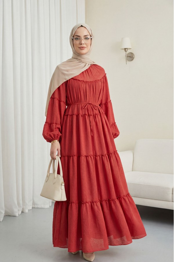 Layered ruffle detailed dress with elasticated sleeves and tie -Red