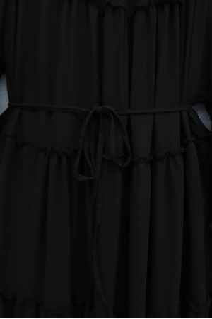 Kolu Lastikli Beli Bağlamalı Katlı Fırfır Detaylı Elbise  -Siyah