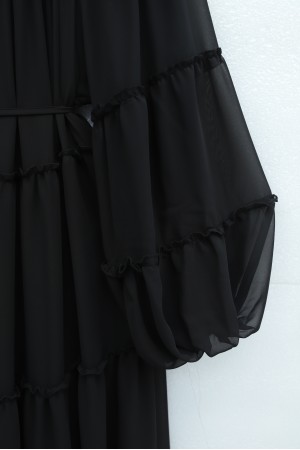 Kolu Lastikli Beli Bağlamalı Katlı Fırfır Detaylı Elbise  -Siyah