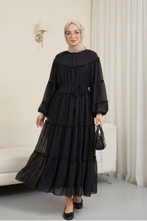 Kolu Lastikli Beli Bağlamalı Katlı Fırfır Detaylı Elbise  -Siyah