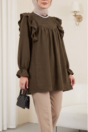 Omuz Fırfırlı Robası Dantel İşlemeli Keten Tunik      -Kahve