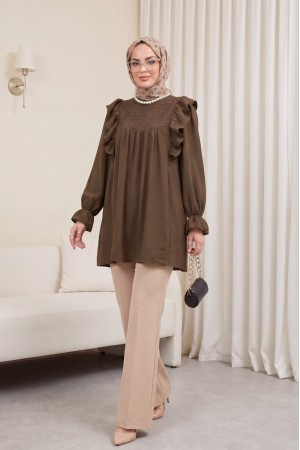 Omuz Fırfırlı Robası Dantel İşlemeli Keten Tunik      -Kahve