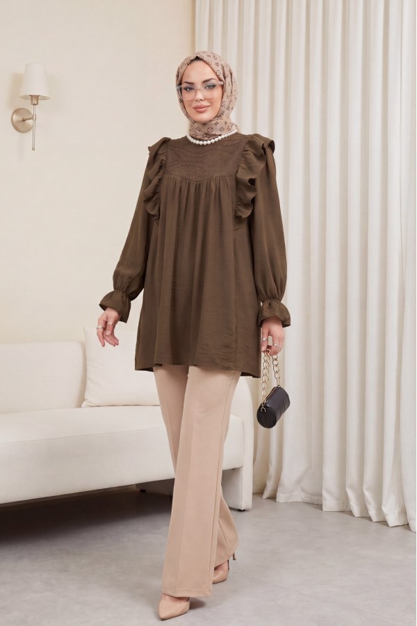 Linen Tunic with Ruffled Shoulders and Lace Embellishment      -Brown