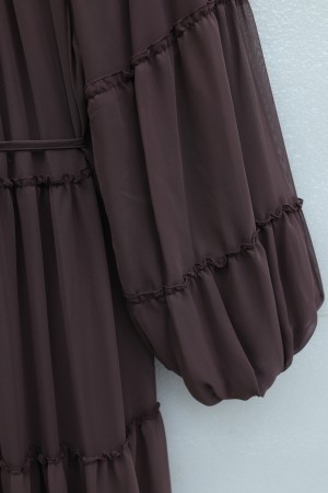 Kolu Lastikli Beli Bağlamalı Katlı Fırfır Detaylı Elbise   -Gül Kurusu