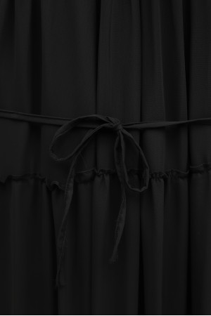 Kolu Lastikli Beli Bağlamalı Katlı Fırfır Detaylı Elbise   -K. Kahve