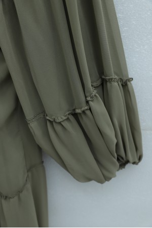 Kolu Lastikli Beli Bağlamalı Katlı Fırfır Detaylı Elbise   -Kamuflaj