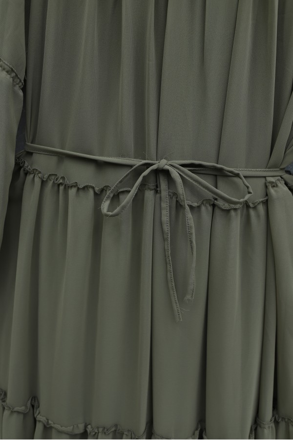 Layered ruffle detailed dress with elasticated sleeves and tie  -Camouflage