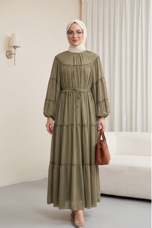 Kolu Lastikli Beli Bağlamalı Katlı Fırfır Detaylı Elbise   -Kamuflaj