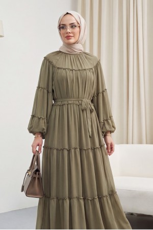 Kolu Lastikli Beli Bağlamalı Katlı Fırfır Detaylı Elbise   -Kamuflaj