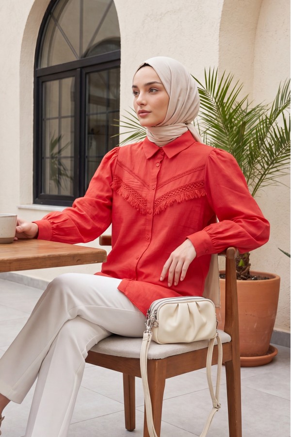 Raw Linen Balloon Sleeve Shirt with Guipure Tassels        -Coral Red