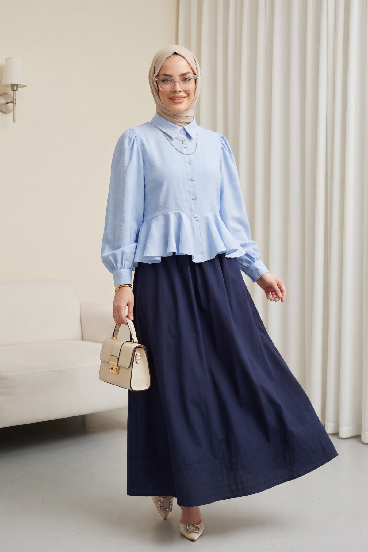 Modal Shirt Blouse with Rhinestone Buttons and Ruffle Detail  -Baby Blue
