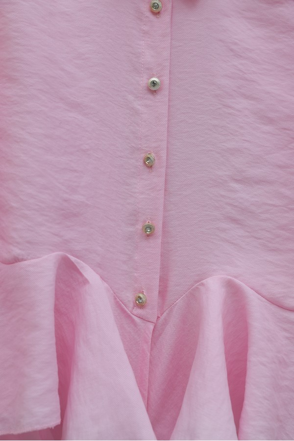 Modal Shirt Blouse with Rhinestone Buttons and Ruffle Detail  -Pink