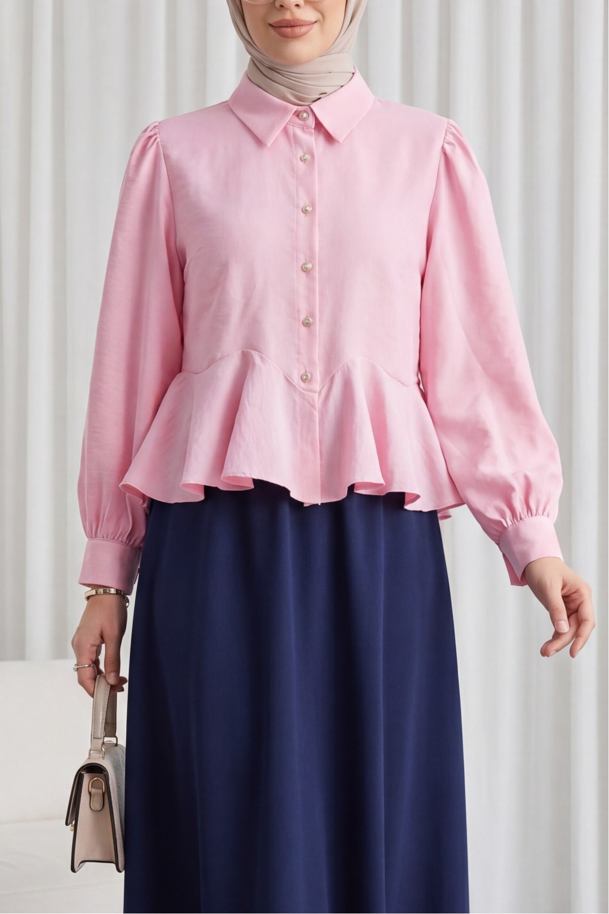 Modal Shirt Blouse with Rhinestone Buttons and Ruffle Detail  -Pink