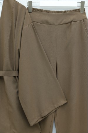 Kemerli Pantolonlu Kimono Takım    -Açık Kahverengi