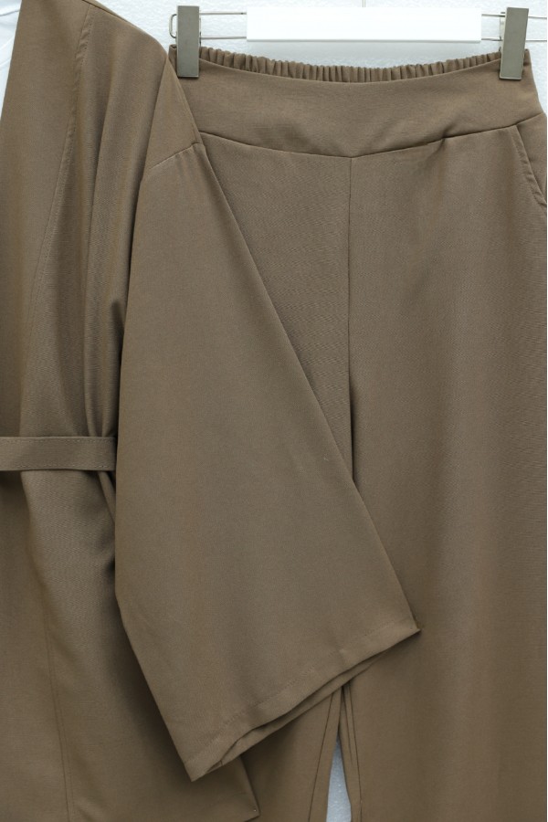 Kemerli Pantolonlu Kimono Takım    -Açık Kahverengi