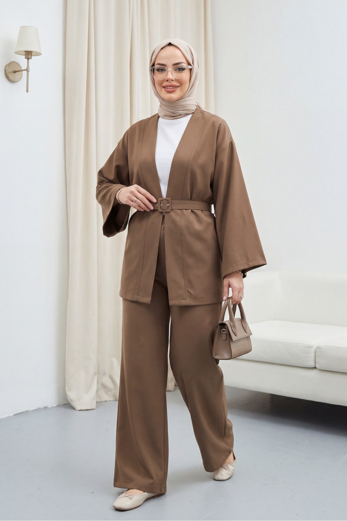 Kemerli Pantolonlu Kimono Takım    -Açık Kahverengi detay görseli