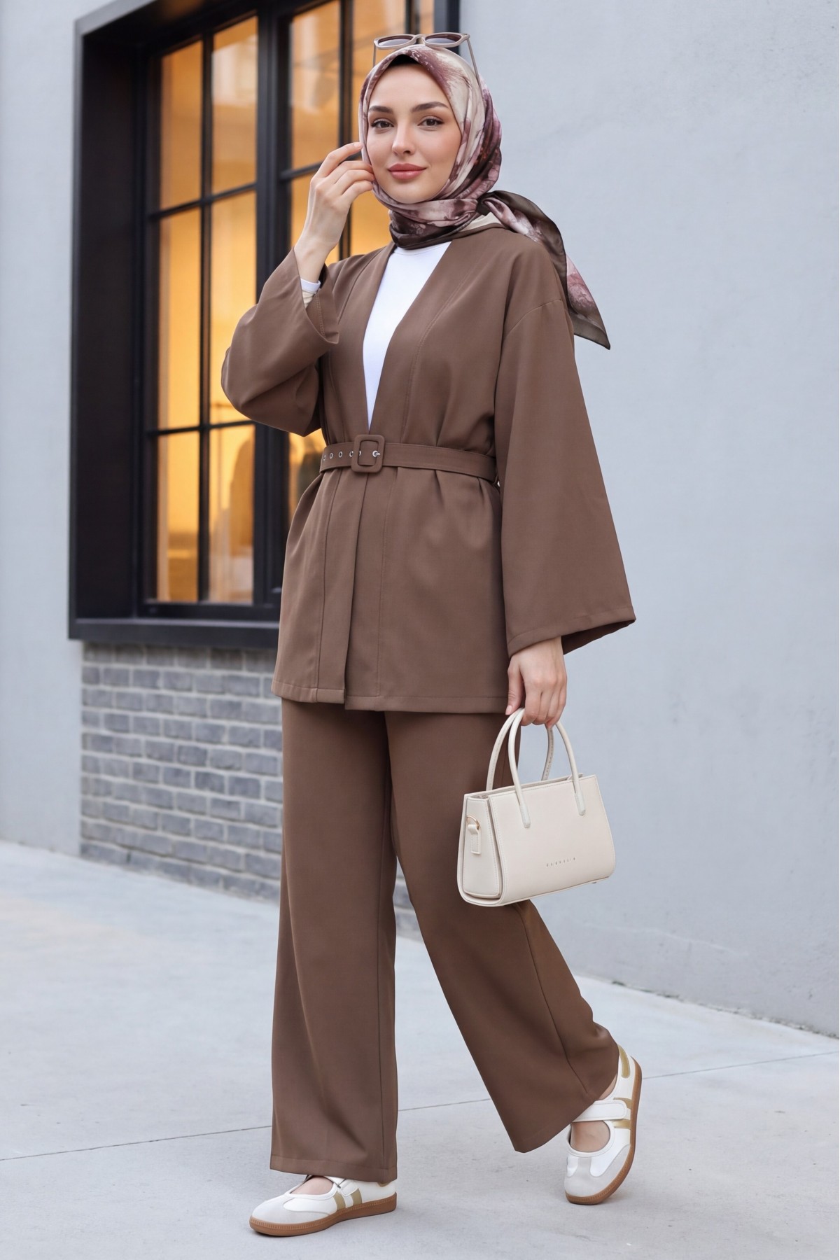 Kemerli Pantolonlu Kimono Takım    -Açık Kahverengi