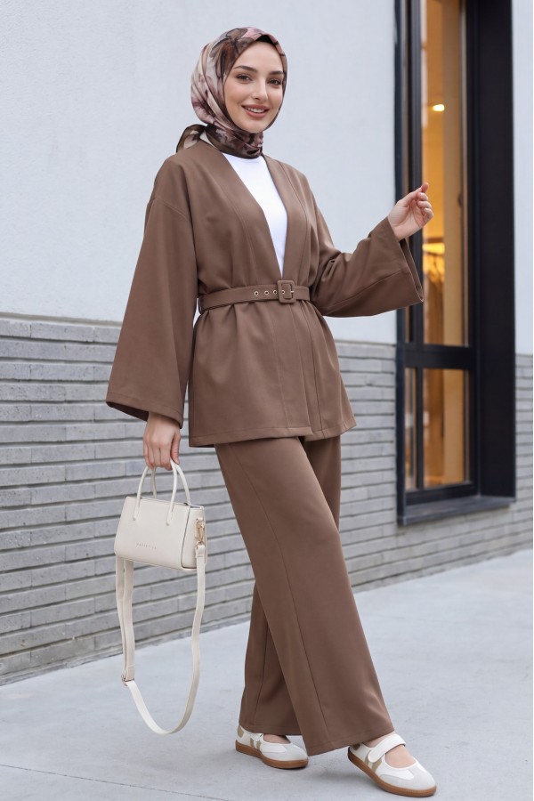 Kemerli Pantolonlu Kimono Takım    -Açık Kahverengi
