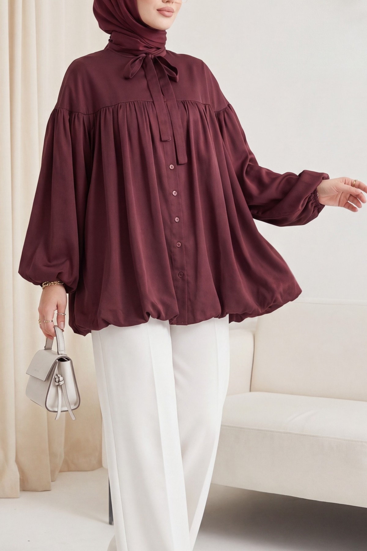 Cupra Tunic with Lace-Up Neckline, Button-Down Front, and Balloon Sleeves -Damson