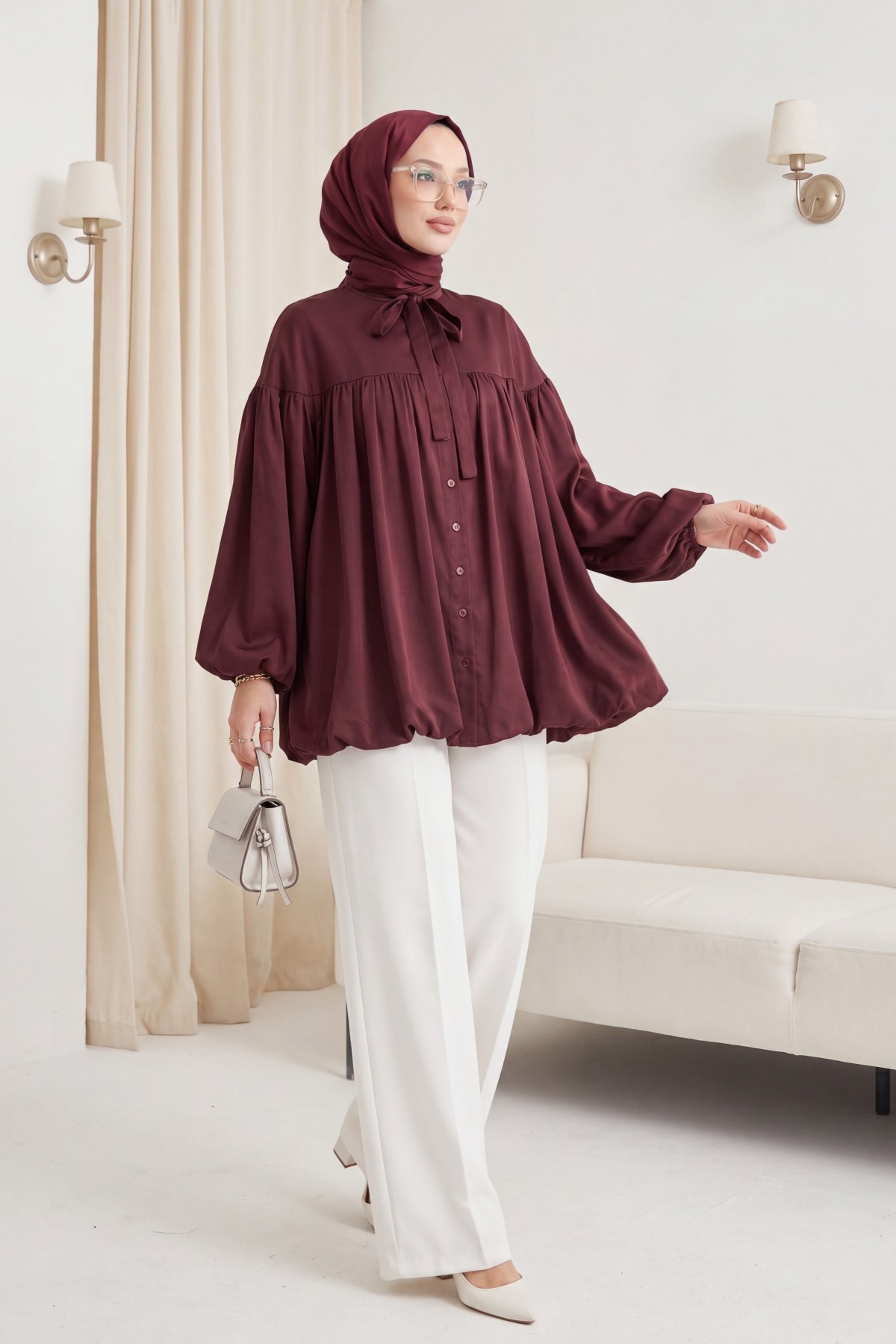 Cupra Tunic with Lace-Up Neckline, Button-Down Front, and Balloon Sleeves -Damson