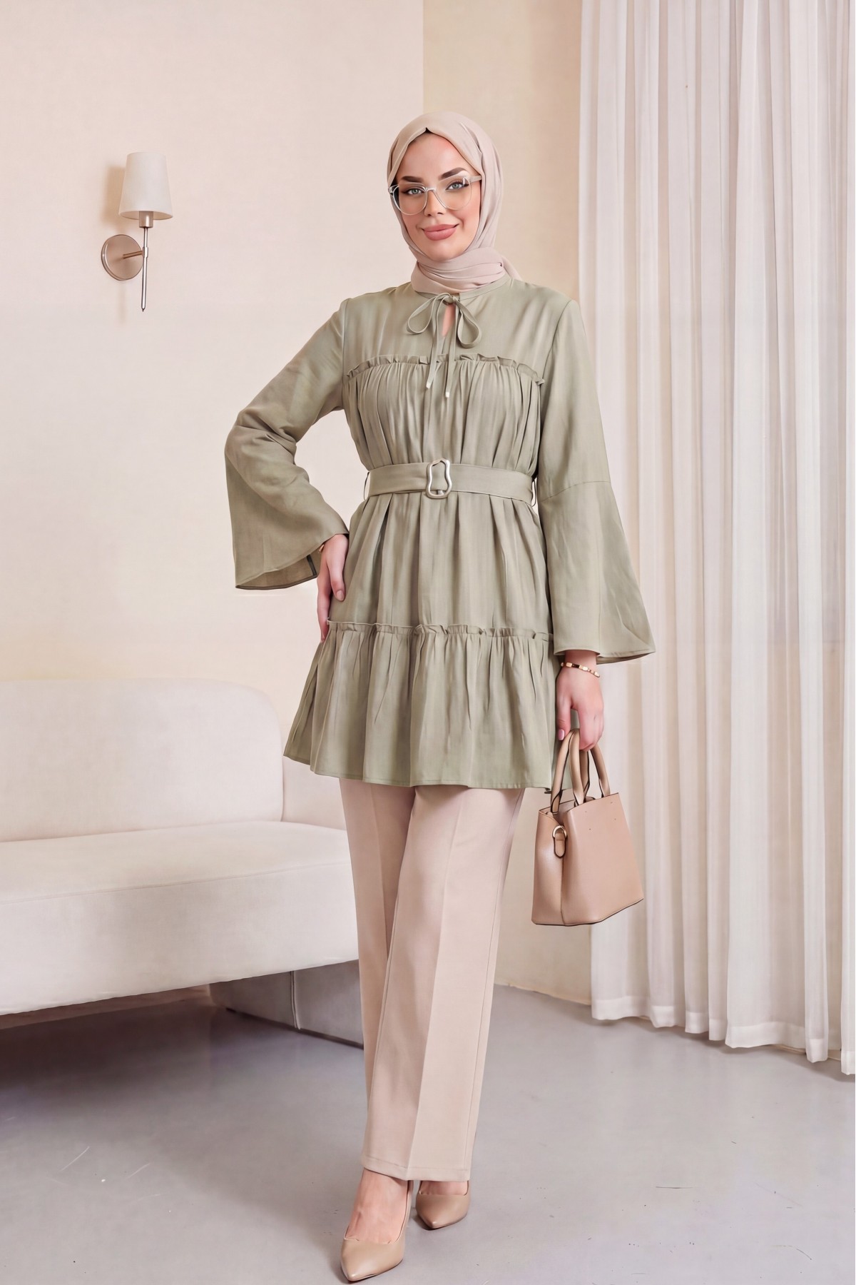 Cupra Tunic with Lace-Up Collar, Buckle, and Belt, Spanish Sleeves -Cagla Green